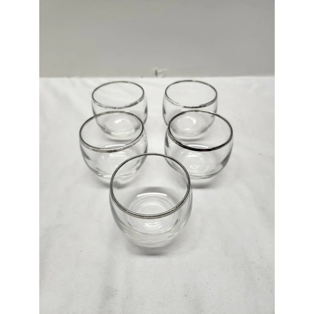 Vintage Mid Century Modern Silver Rim Roly Poly Rocks Glasses Set of 5 1950s 60s